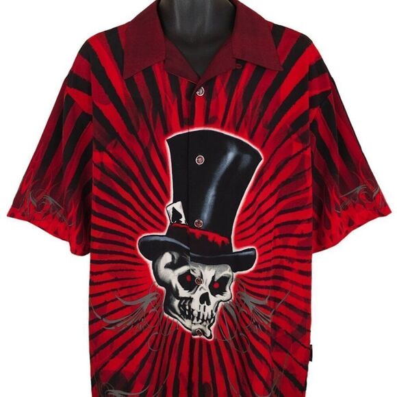 Vintage Dragonfly Roadhouse Shirt Mens Size XL Red Skeleton Skull Top Hat Flames - Picture 2 of 7